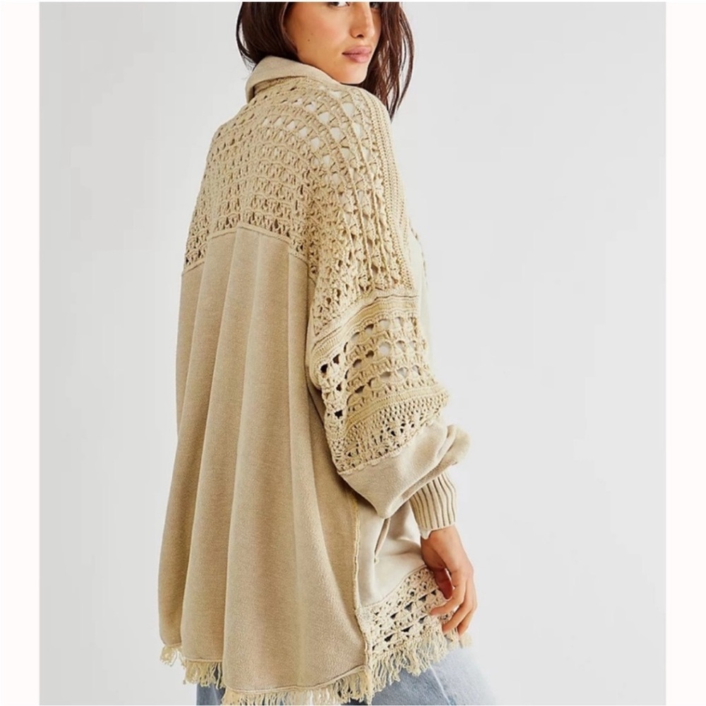 Free People Cream Crochet-Panel Fringe Cardigan Sweater